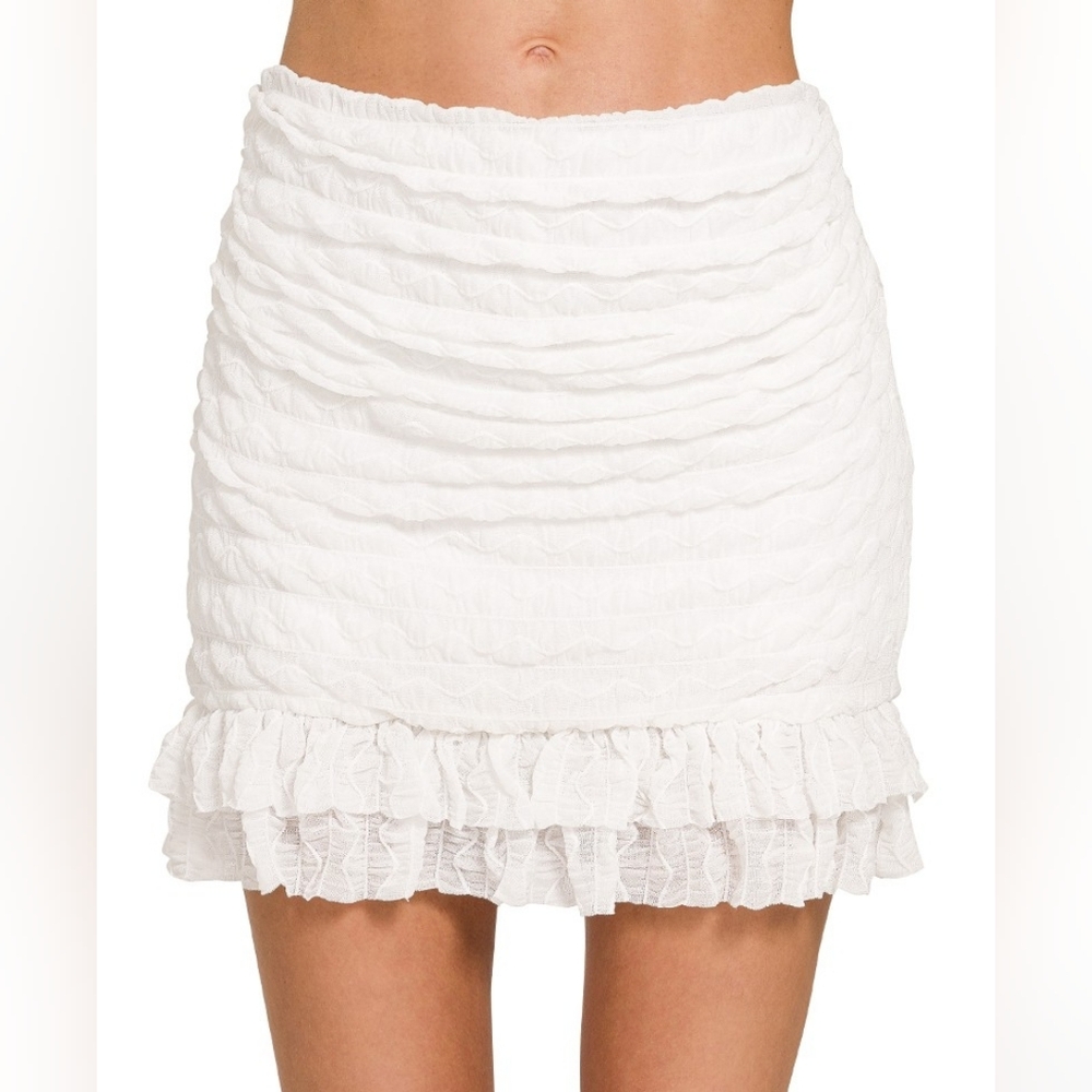Zenana All White Party Skirt Built in Shorts Elegant Ruched Mini Sz S M L